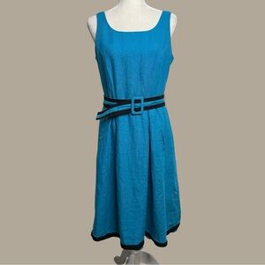 Talbots Pure Irish Linen Blue Midi Dress W/ Belt Women’s Size 10 Lined